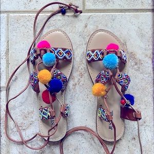 EUC JustFab | lace up, beaded tan ankle tie flat sandals with embellishments